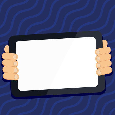 Two hands holding tablet with Critical Announcements. Important information on the screen. Blank space for text. Empty box to presentation. Bright colored background.のイラスト素材