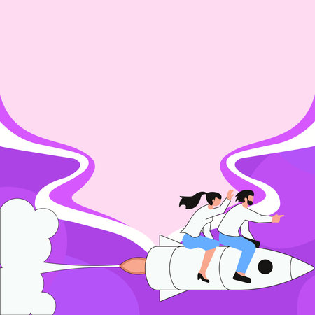 People on Rocket Ship Launching Fast Straight Up. Spaceship Drawing Flying High. Dialogue bubble contains important information. Empty whiteboard on colored background.のイラスト素材