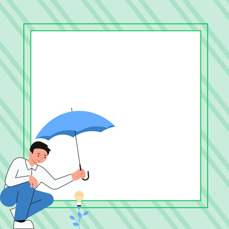 Yung man holding umbrella sitting and looking at rose. Save the flower from rain. Blank white space for text on colored background. Brand new information. Main message.のイラスト素材