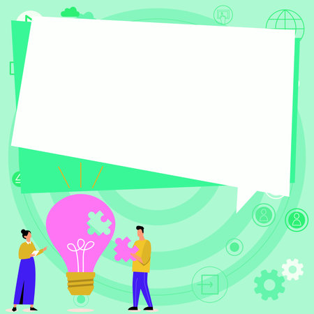 Man and woman standing near big bulb with peace of puzzle. Two People Displaying Recent Updates. White dialog bow for text on bright colored background.のイラスト素材