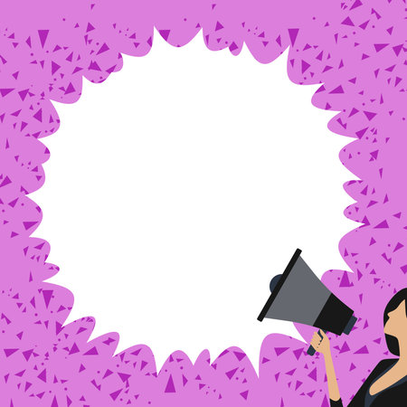 Woman Presenting Important Information with megaphone. Girl holding amplifier. Device in hand. Big White Speech Bubble with text on bright colored background.のイラスト素材