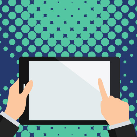 Two hands holding tablet with Critical Announcements. Important information on the screen. Blank space for text. Empty box to presentation. Bright colored background.のイラスト素材