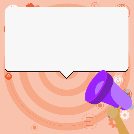 Bright Illustration Of Megaphone Making Loudly Brand New Infolmation. Using Bullhorn Giving Powerful Great News Advertisement With Speach Bubble. Big Empty Dialog Boxのイラスト素材
