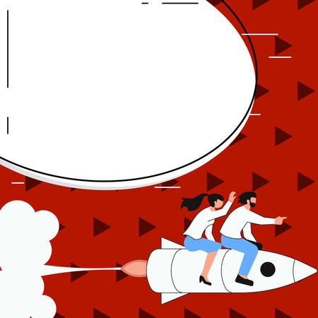 People on Rocket Ship Launching Fast Straight Up. Spaceship Drawing Flying High. Dialogue bubble contains important information. Empty whiteboard on colored background.のイラスト素材