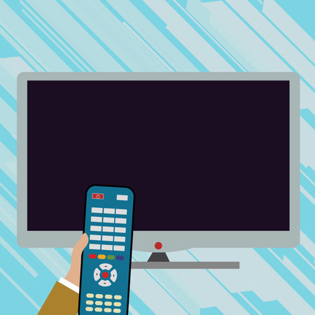 Illustration with TV and hand holding remote control. Important information on screen. Monitor contains Main message. Display on Bright colored background.のイラスト素材