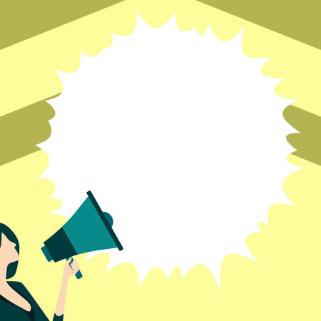 Woman Presenting Important Information with megaphone. Girl holding amplifier. Device in hand. Big White Speech Bubble with text on bright colored background.のイラスト素材