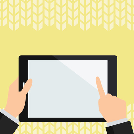 Two hands holding tablet with Critical Announcements. Important information on the screen. Blank space for text. Empty box to presentation. Bright colored background.のイラスト素材