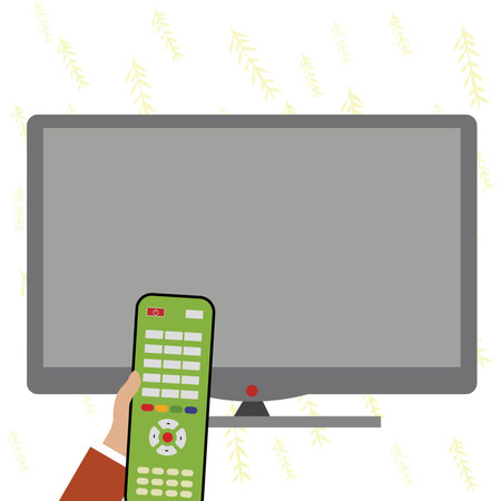 Illustration with TV and hand holding remote control. Important information on screen. Monitor contains Main message. Display on Bright colored background.のイラスト素材