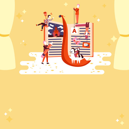 Bright Colored Abstract Illustration. People Discussing New Ideas and Agenda. Virtual Class Meeting. Free Lectures. Computer Presentation Ideas. Book Fairytales.のイラスト素材