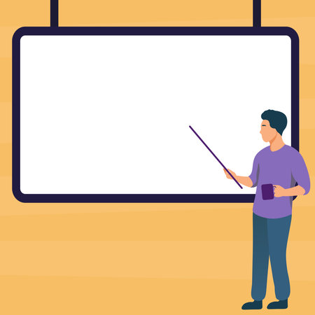 Man pointing with pointer stick to important information written on whiteboard. Large Conversation Balloon with New Ideas. Blank speech bubble contains Recent Updates.のイラスト素材