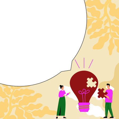 Man and woman standing near big bulb with peace of puzzle. Two People Displaying Recent Updates. White dialog bow for text on bright colored background.のイラスト素材