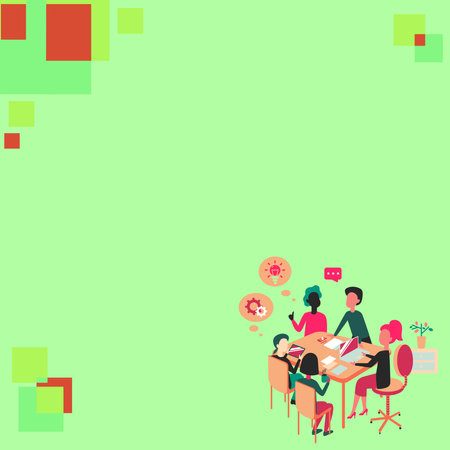 People sitting at table discussing latest news. White dialogue bubble contains important information. Empty big whiteboard for text on bright colored background.のイラスト素材