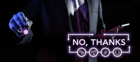 Text sign showing No, Thanks. Concept meaning Answering question using these words to show acception or rejectionの写真素材