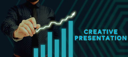 Hand writing sign Creative Presentation. Word Written on characterized by originality thought or inventivenessの写真素材