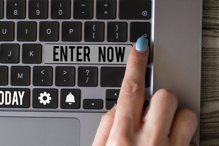 Writing displaying text Enter Now. Conceptual photo come or go into a particular place To be...