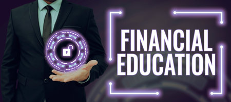 Text sign showing Financial Education. Business concept Understanding Monetary areas like Finance and Investingの写真素材