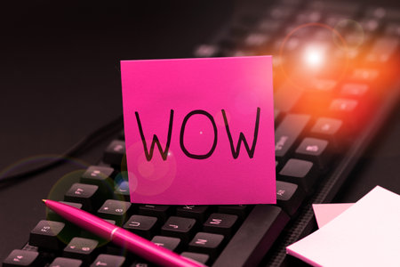 Text showing inspiration Wow. Concept meaning Expressing astonishment and awe Historic success Excite someone greatlyの写真素材