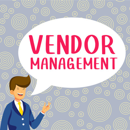 Hand writing sign Vendor Management. Business idea activities included in researching and sourcing vendorsの写真素材