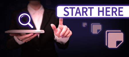 Inspiration showing sign Start Here. Business concept telling someone this is beginning point to go...