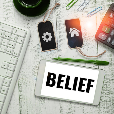 Conceptual display Belief. Word Written on the feeling of being certain that something exists or is trueの写真素材
