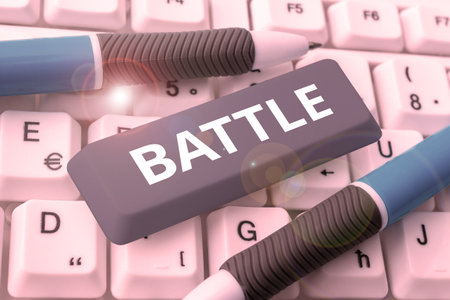 Text sign showing Battle. Word Written on violent fight between groups of people or between military...