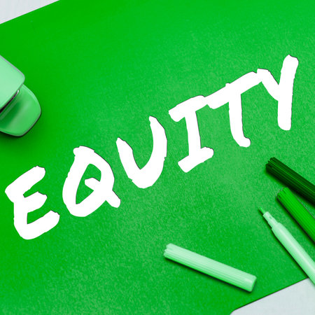 Conceptual caption Equity. Business idea quality of being fair and impartial race free One hand Unityの写真素材
