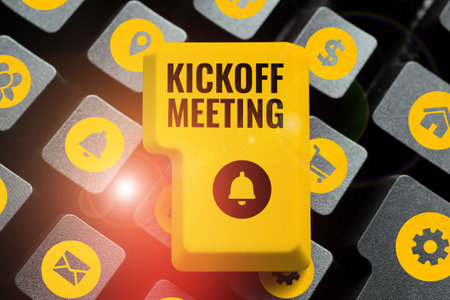 Writing displaying text Kickoff Meeting. Business overview Special discussion on the legalities involved in the projectの写真素材