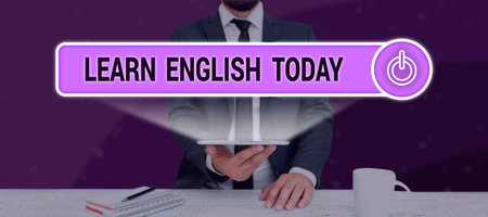 Text showing inspiration Learn English Today. Business overview gain or acquire knowledge and skill of English languageの写真素材