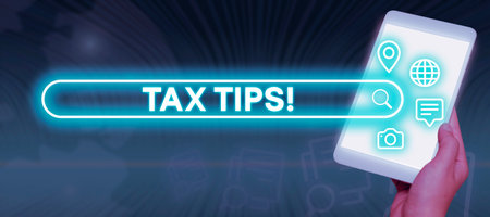 Conceptual caption Tax Tips. Word for Help Ideas for taxation Increasing Earnings Reduction on expensesの写真素材