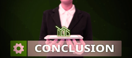 Text caption presenting Conclusion. Word Written on Results analysis Final decision End of an event...