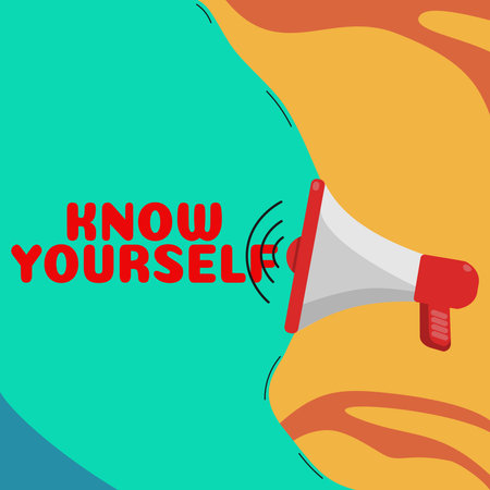 Sign displaying Know Yourself. Concept meaning Find You Understanding Strength and Weaknesses Identityの写真素材