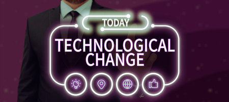 Hand writing sign Technological Change. Conceptual photo increase in the efficiency of a product or...