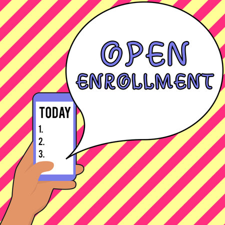 Hand writing sign Open Enrollment. Business overview The yearly period when people can enroll an insuranceの写真素材