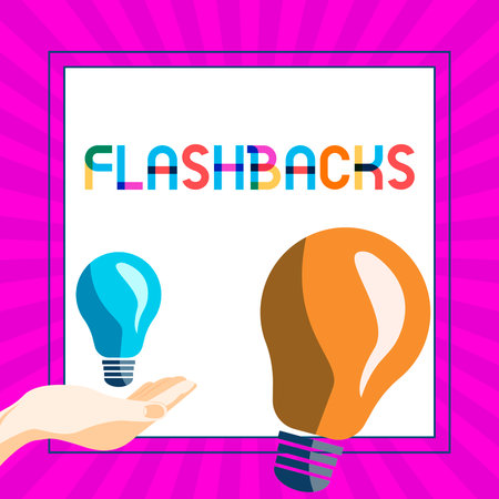 Conceptual display Flashbacks. Word for interruption of chronological sequence by interjection of events of earlier occurrenceの写真素材