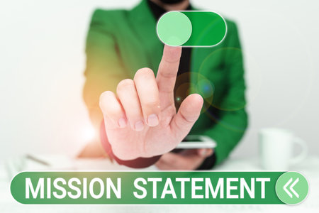 Conceptual caption Mission Statement. Word Written on Formal summary of the aims and values of a...