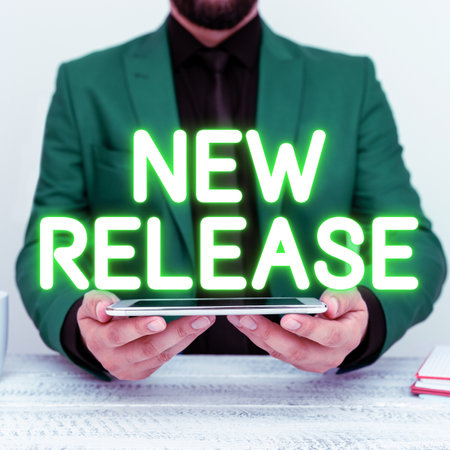 Text showing inspiration New Release. Concept meaning announcing something newsworthy recent product in the marketの写真素材