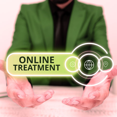 Text sign showing Online Treatment. Business concept delivery of mental health counseling via the Internetの写真素材