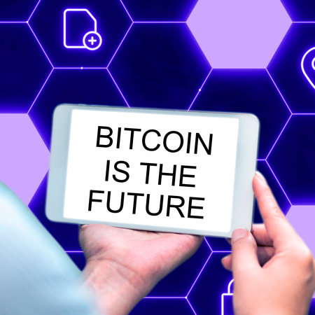 Hand writing sign Bitcoin Is The Future. Internet Concept digital marketplace where traders can buy...