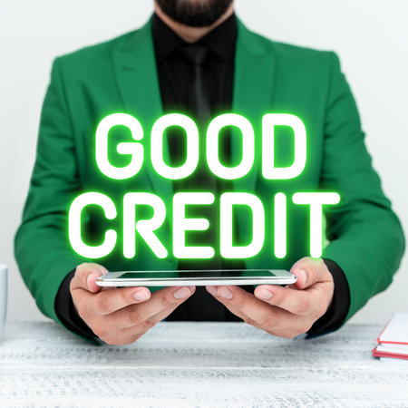 Hand writing sign Good Credit. Business approach borrower has a relatively high credit score and safe credit riskの写真素材