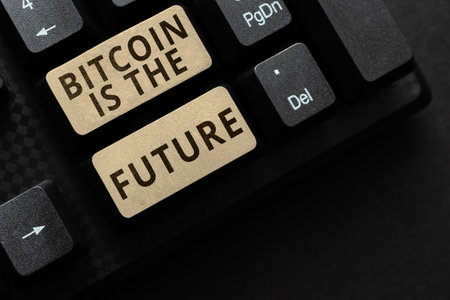 Hand writing sign Bitcoin Is The Future. Internet Concept digital marketplace where traders can buy and sell bitcoinsの写真素材