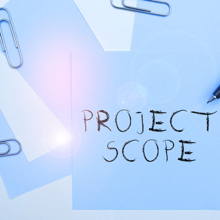 Conceptual caption Project Scope. Conceptual photo evaluation of work efforts a product development requires to completeの写真素材
