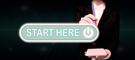Sign displaying Start Here. Business concept telling someone this is beginning point to go from to...