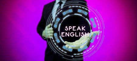 Handwriting text Speak English. Business showcase Study another Foreign Language Online Verbal Coursesの写真素材