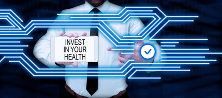Text showing inspiration Invest In Your Health. Conceptual photo Live a Healthy Lifestyle Quality Food for Wellnessの写真素材
