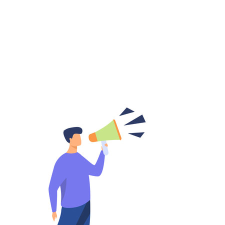 Businessman Presenting Important Information with megaphone. Man Having Sound Device In Hand And Main Information. Critical Announcements Displayed With Drawings Around.のイラスト素材