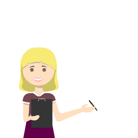 Female Coach Holding Pen and Clip Board Presenting New Ideas for Students. Teacher Holding a Lesson Plan or Meeting Agenda.のイラスト素材