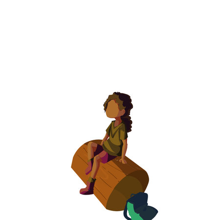 Girl sitting on wood log discussing latest news. White dialogue bubble contains important information. Empty big whiteboard for text on bright colored background.のイラスト素材