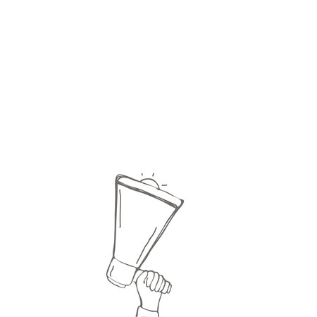 Hand Holding A Megaphones Drawing Making Loud New Announcement To The Public. Palm Gripping An Electronic Bullhorn Producing Powerful Late Advertisement.のイラスト素材