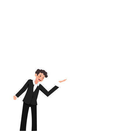 Businessman Presenter Teacher Drawing Presenting New Amazing Announcements. Smiling Adult Pointing On Empty Poster Sharing Old Wonderful Ideas.のイラスト素材
