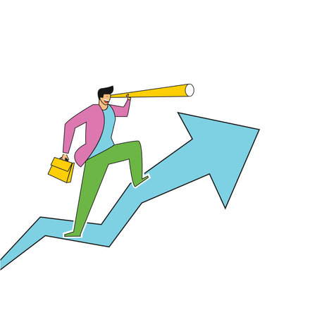 Businessman in office uniform holding Spyglass standing on blue arrow growing up. Main object without background. Vector color image drawing cartoon style.のイラスト素材